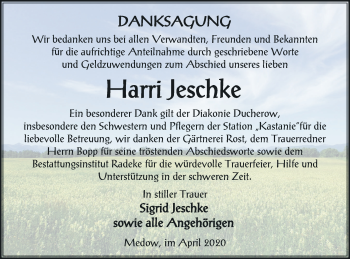 Traueranzeige von Harri Jeschke von Vorpommern Kurier