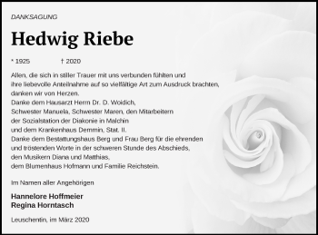 Traueranzeige von Hedwig Riebe von Mecklenburger Schweiz