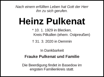 Traueranzeige von Heinz Pulkenat von Mecklenburger Schweiz