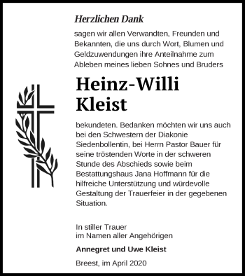 Traueranzeige von Heinz-Willi Kleist von Neubrandenburger Zeitung