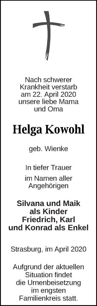 Traueranzeige von Helga Kowohl von Pasewalker Zeitung