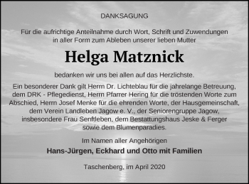 Traueranzeige von Helga Matznick von Prenzlauer Zeitung