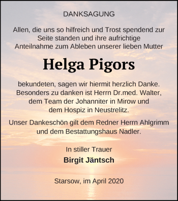 Traueranzeige von Helga Pigors von Strelitzer Zeitung