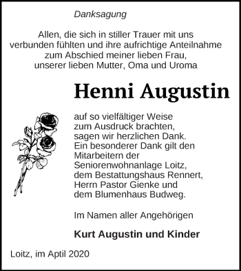 Traueranzeige von Henni Augustin von Vorpommern Kurier