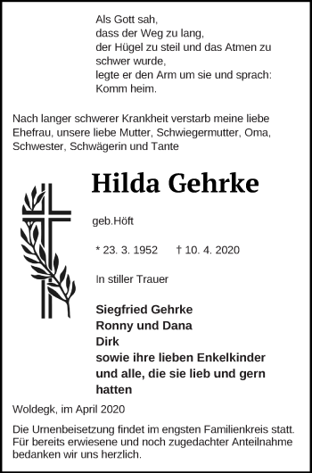 Traueranzeige von Hilda Gehrke von Strelitzer Zeitung