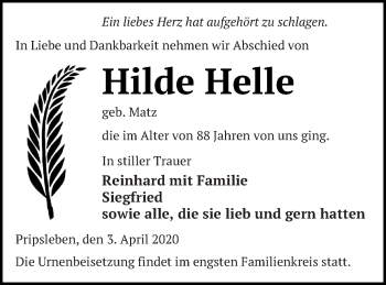 Traueranzeige von Hilde Helle von Neubrandenburger Zeitung