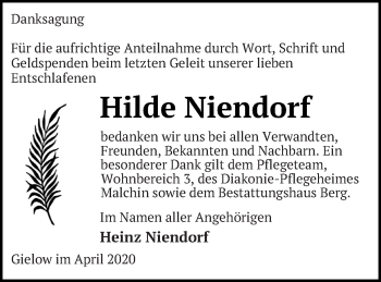 Traueranzeige von Hilde Niendorf von Mecklenburger Schweiz