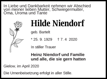 Traueranzeige von Hilde Niendorf von Mecklenburger Schweiz