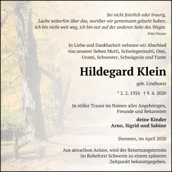 Traueranzeige von Hildegard Klein von Neubrandenburger Zeitung