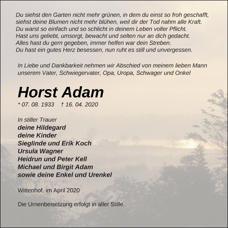  Traueranzeige für Horst Adam vom 22.04.2020 aus Prenzlauer Zeitung