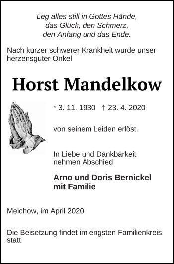 Traueranzeige von Horst Mandelkow von Prenzlauer Zeitung