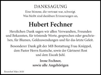 Traueranzeige von Hubert Fechner von Strelitzer Zeitung