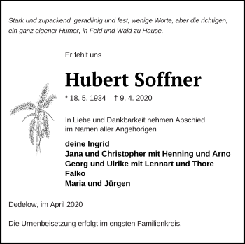 Traueranzeige von Hubert Soffner von Prenzlauer Zeitung