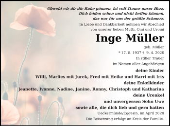 Traueranzeige von Inge Müller von Haff-Zeitung