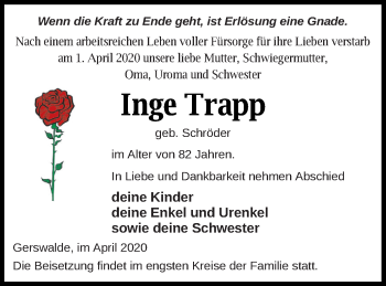 Traueranzeige von Inge Trapp von Templiner Zeitung