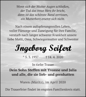 Traueranzeige von Ingeboreg Seifert von Müritz-Zeitung