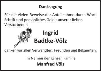 Traueranzeige von Ingrid Badtke-Völz von Bützower Zeitung