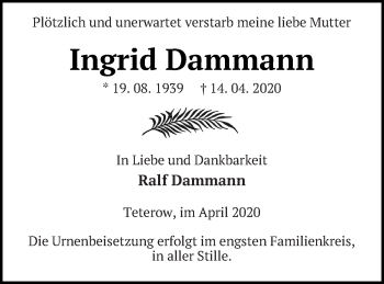 Traueranzeige von Ingrid Dammann von Mecklenburger Schweiz