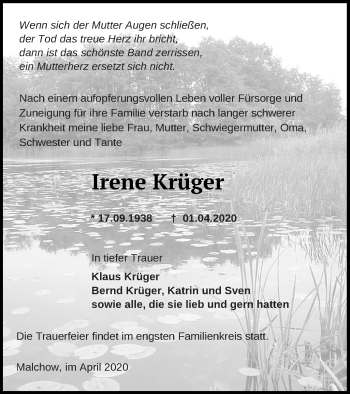 Traueranzeige von Irene Krüger von Müritz-Zeitung