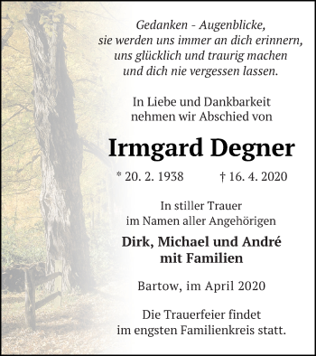 Traueranzeige von Irmgard Degner von Neubrandenburger Zeitung