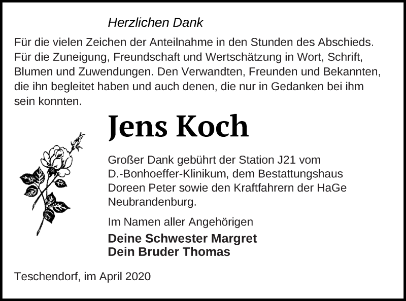  Traueranzeige für Jens Koch vom 24.04.2020 aus Neubrandenburger Zeitung