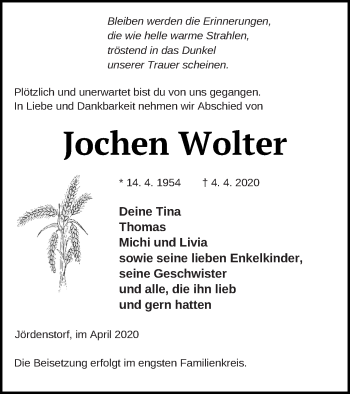 Traueranzeige von Jochen Wolter von Mecklenburger Schweiz