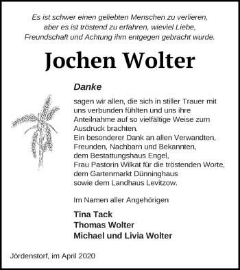 Traueranzeige von Jochen Wolter von Mecklenburger Schweiz