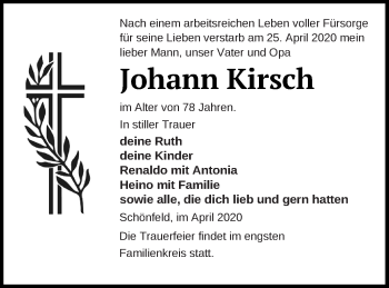 Traueranzeige von Johann Kirsch von Demminer Zeitung