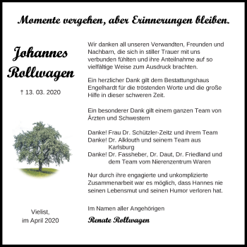 Traueranzeige von Johannes Rollwagen von Müritz-Zeitung