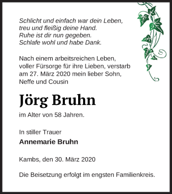 Traueranzeige von Jörg Bruhn von Müritz-Zeitung