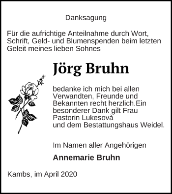 Traueranzeige von Jörg Bruhn von Müritz-Zeitung