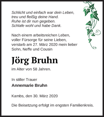 Traueranzeige von Jörg Bruhn von Müritz-Zeitung