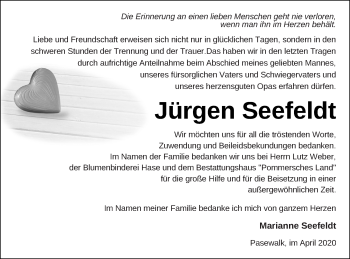 Traueranzeige von Jürgen Seefeldt von Pasewalker Zeitung