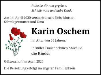 Traueranzeige von Karin Oschem von Vorpommern Kurier