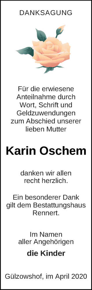 Traueranzeige von Karin Oschem von Vorpommern Kurier