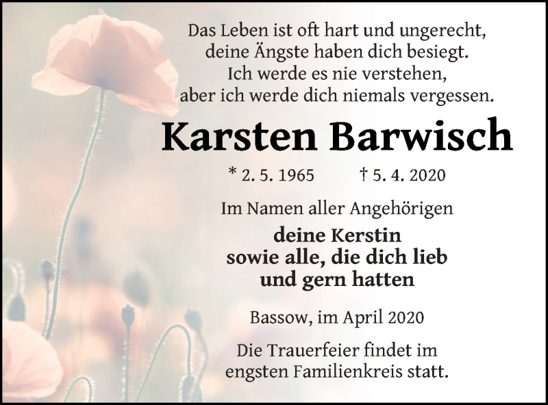  Traueranzeige für Karsten Barwisch vom 11.04.2020 aus Neubrandenburger Zeitung