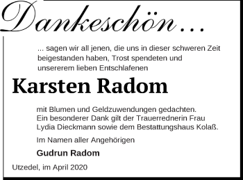 Traueranzeige von Karsten Radom von Demminer Zeitung