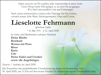 Traueranzeige von Lieselotte Fehrmann von Vorpommern Kurier