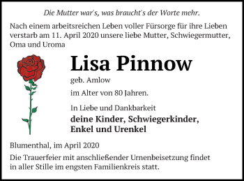 Traueranzeige von Lisa Pinnow von Haff-Zeitung