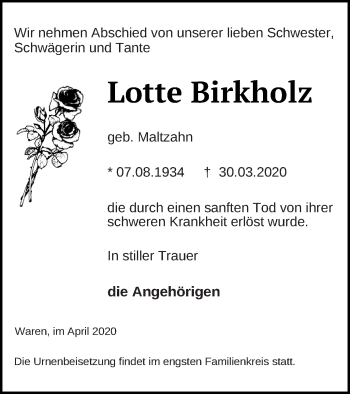 Traueranzeige von Lotte Birkholz von Müritz-Zeitung