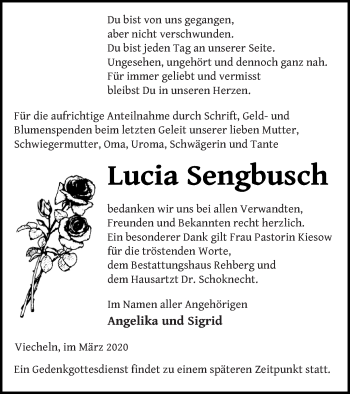 Traueranzeige von Lucia Sengbusch von Mecklenburger Schweiz