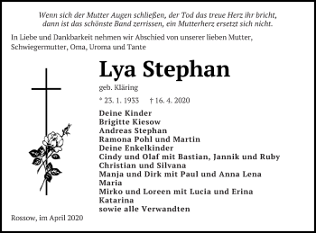 Traueranzeige von Lya Stephan von Neubrandenburger Zeitung