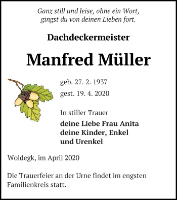 Traueranzeige von Manfred Müller von Strelitzer Zeitung