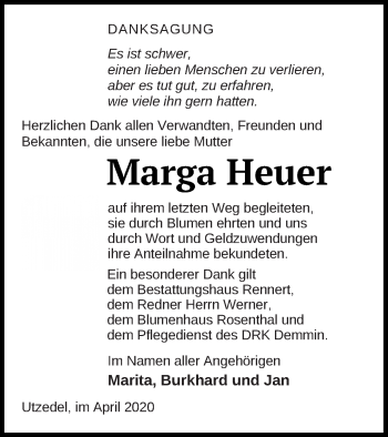 Traueranzeige von Marga Heuer von Demminer Zeitung