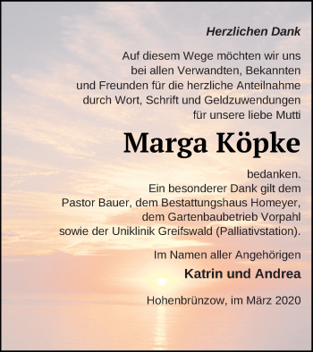 Traueranzeige von Marga Köpke von Demminer Zeitung