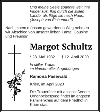 Traueranzeige von Margot Schultz von Vorpommern Kurier