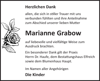 Traueranzeige von Marianne Grabow von Der Prignitzer