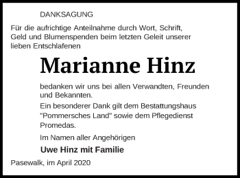 Traueranzeige von Marianne Hinz von Pasewalker Zeitung