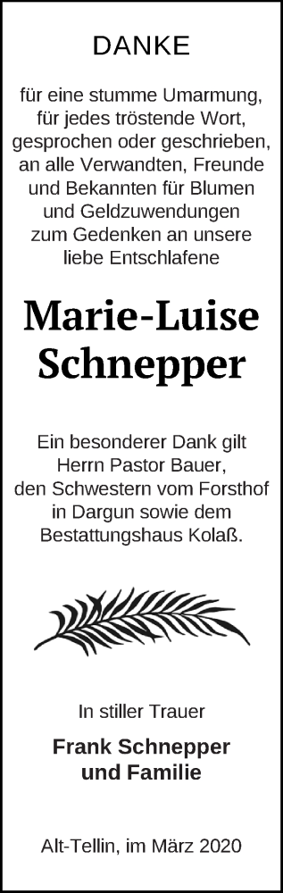 Traueranzeige von Marie-Luise Schnepper von Vorpommern Kurier