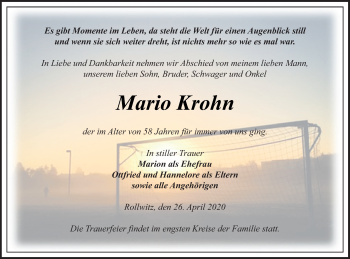 Traueranzeige von Mario Krohn von Pasewalker Zeitung